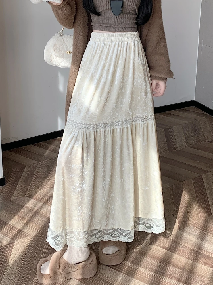 Qiukichonson Юбка средней длины Женская бархатная юбка 2024 Гот Лолита Осень Зима