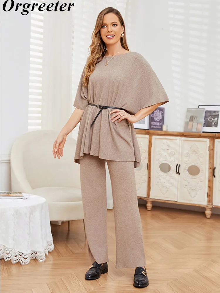 

High Quality Temperament Oversize Knitted Two piece Pants Set Women Loose Long Pullovers Tops and Wide-Leg Pants Suits Female