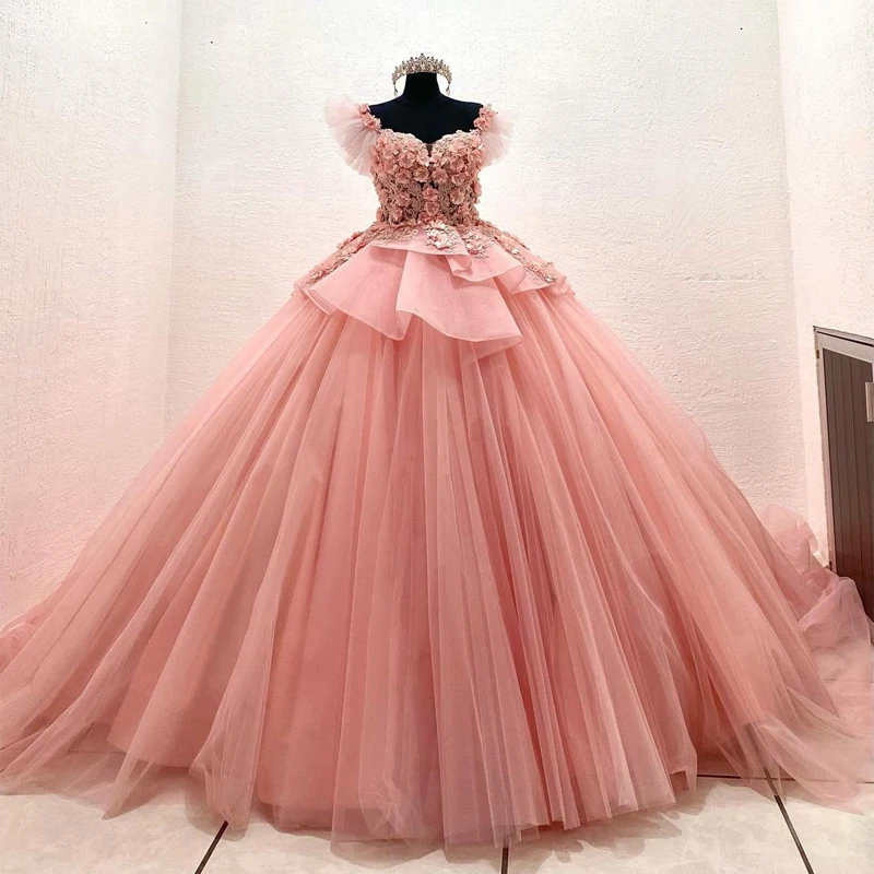 

Розовое цветочное кружевное платье Quinceanera, женское платье для выпускного вечера, милое вечерние нее платье принцессы для 15-летней девушки