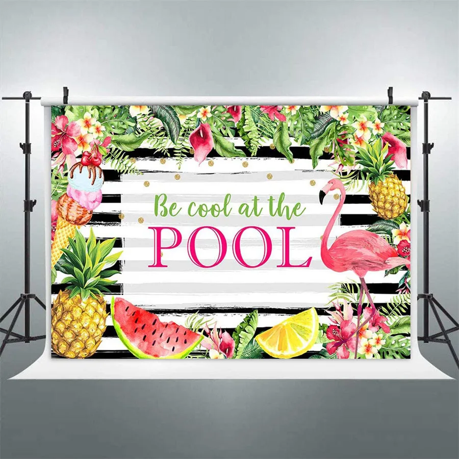 

Tropical Pool Black and White Stripes Party Backdrop Summer Birthday Hawaiian Aloha Photography Flamingo Ice Cream Lemon Banner