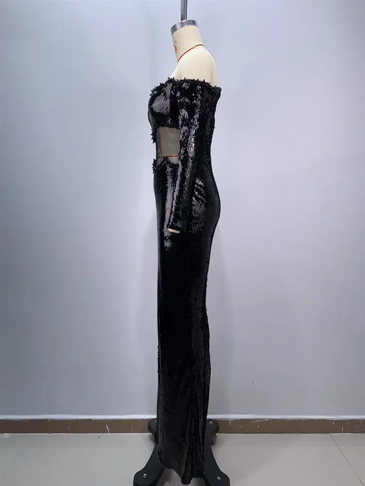 Женское длинное платье с длинным рукавом черное Сетчатое макси блестками и