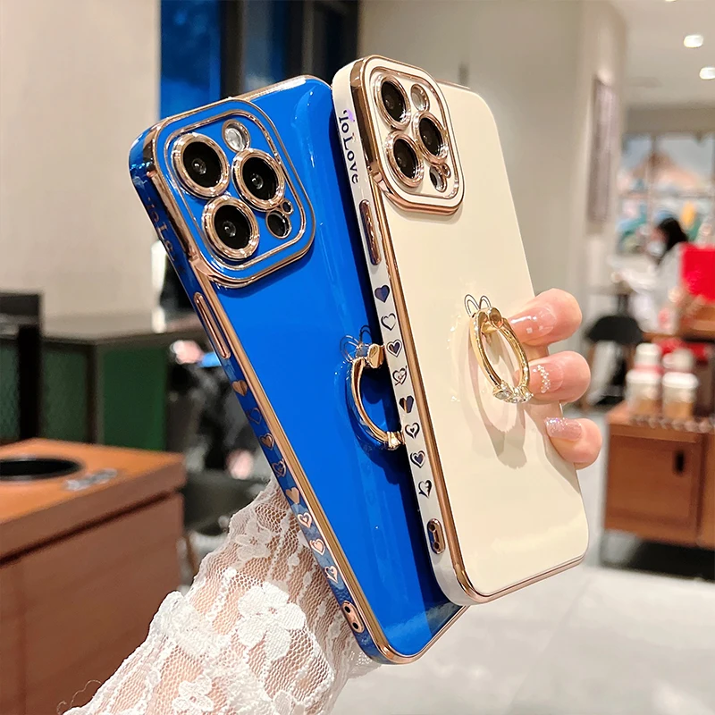 

Electroplated Love Heart Ring Holder Case For iPhone 14 Pro Max 13 12 11 XR XS X 7 8 Plus SE2020 Soft Lens Protection Back Cover
