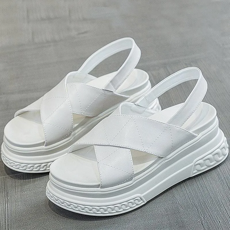 Cross Strapping 7cm Platform Women Sandals Genuine Leather 2023 New Summer Sewing Simplicity Women Ladies Wedge Chunky Shoes