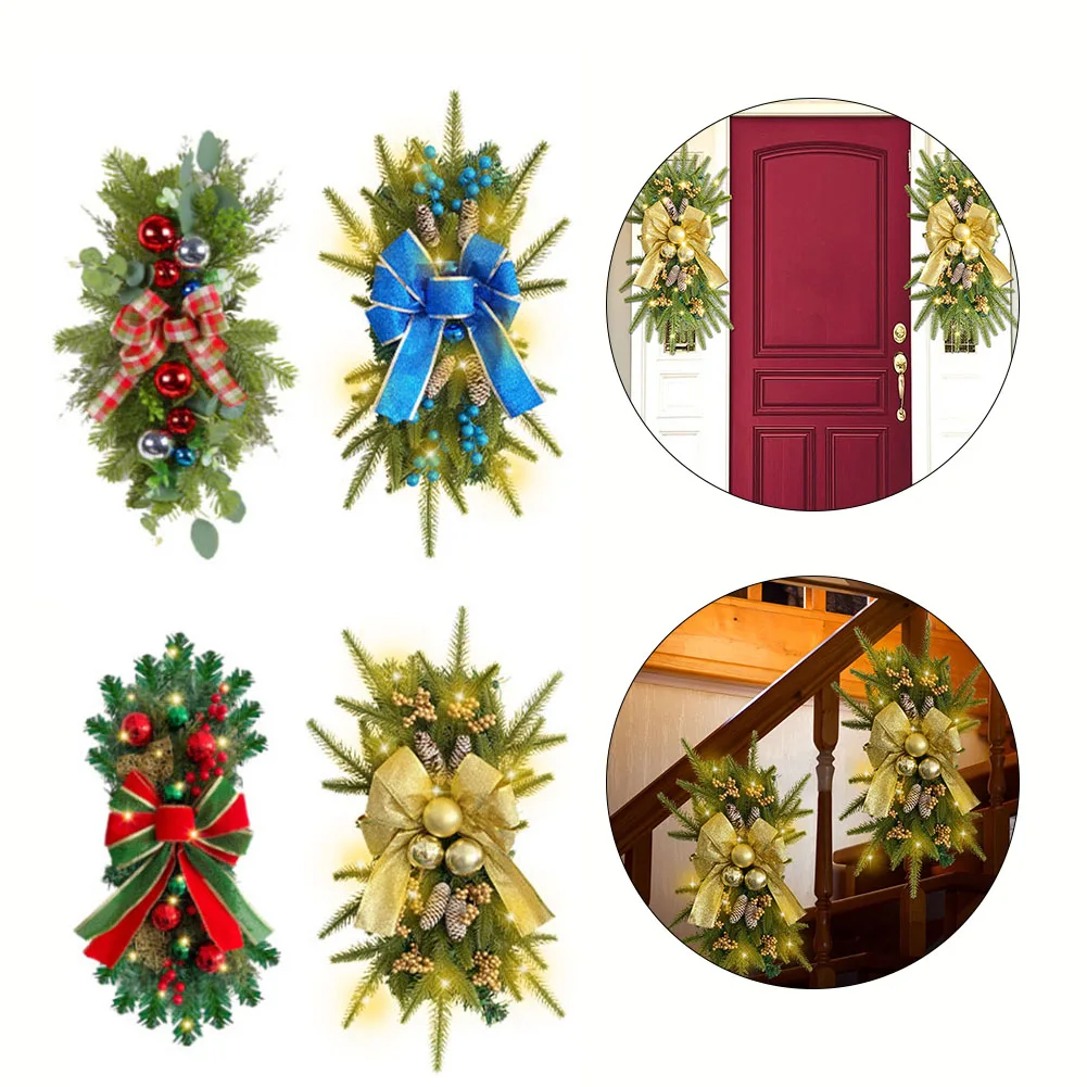 

Christmas Staircase Bow Simulate Wreath Christmas Garland Artificial Plant Wreath Garland Xmas Festival Door Staircase Decor