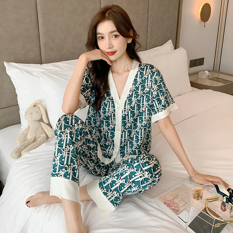 Women's Pajamas Set V Neck Design Luxury Cross Letter Print Sleepwear Silk Like Home Clothes XXL Large Size Nightwear