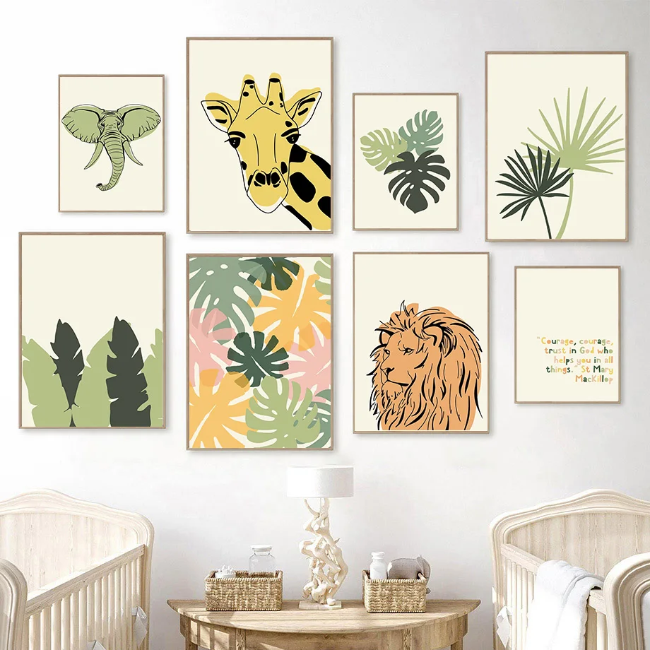 

Monstera Palm Leaf Giraffes Elephant Lions Baby Wall Art Canvas Painting Nordic Posters And Prints Wall Pictures Kids Room Decor