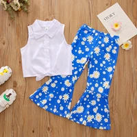 2 7y kids girls summer clothes sets baby sleeveless lapel shirts tops floral flare pants children clothing 2pcs casual outfits