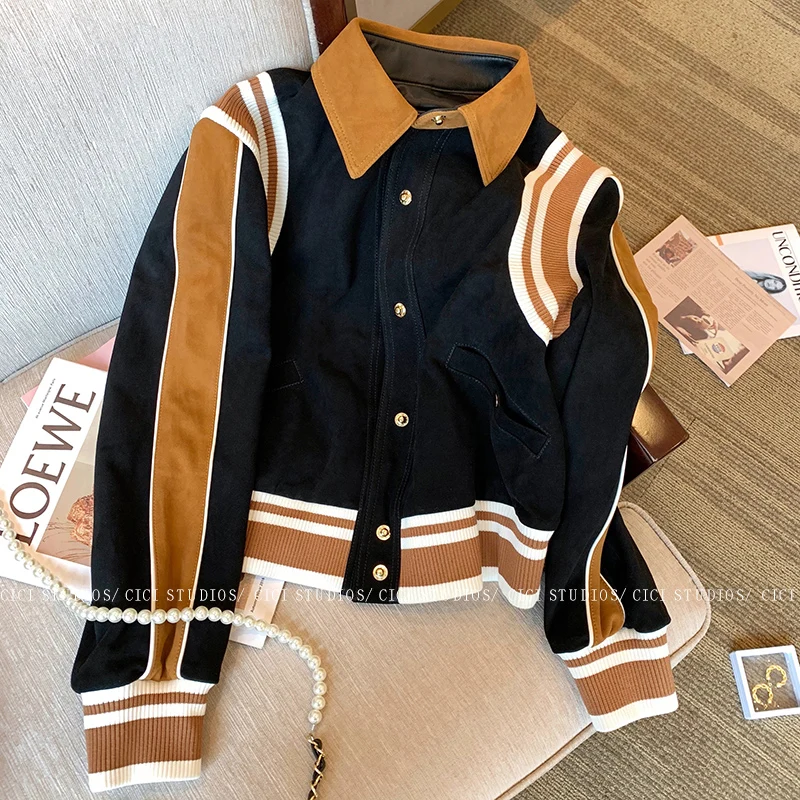 

2022 New Baseball Uniform Jacket Women'S Loose Casual Retro American Stitched Short Jacket Top Polo Collar Long Sleeve Jacket