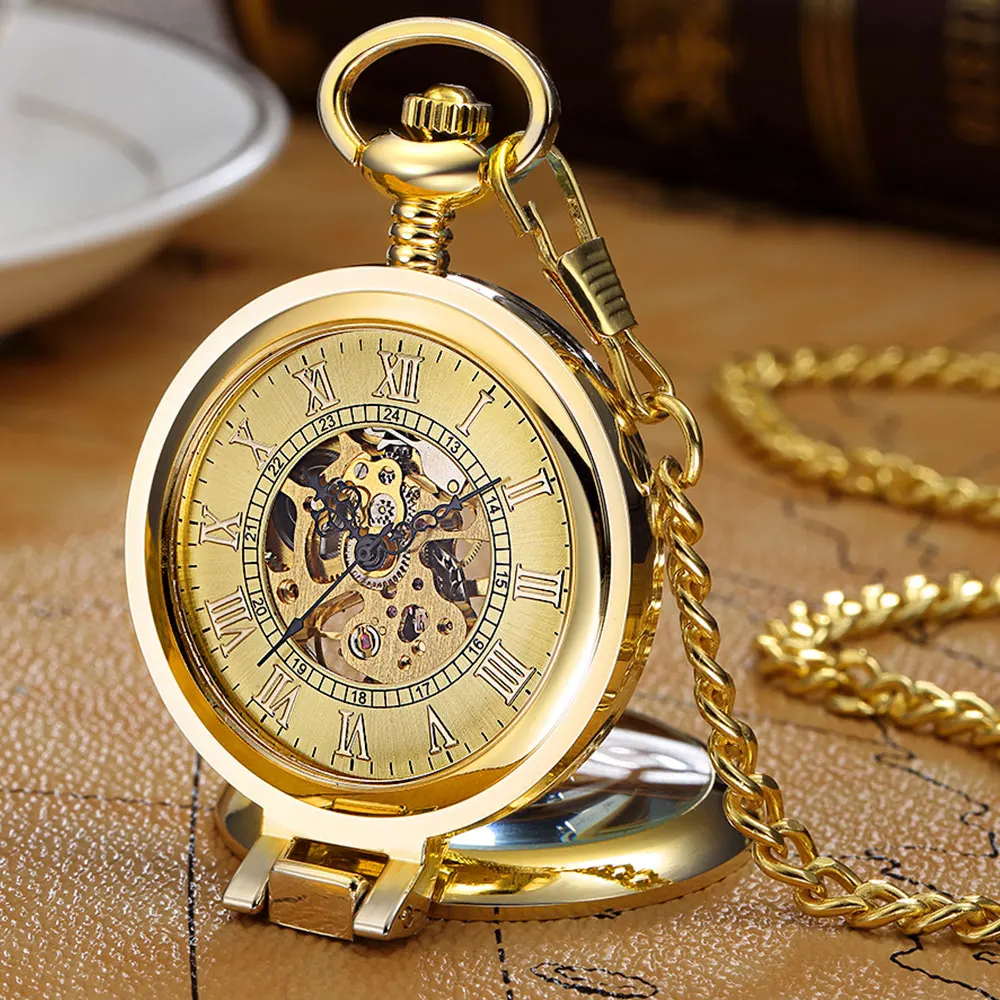 Vintage Mechanical Pocket Watch Roman Dial Hand Winding  Hollow Skeleton Steampunk Clock Full Steel Pocket Watch Chain Gifts