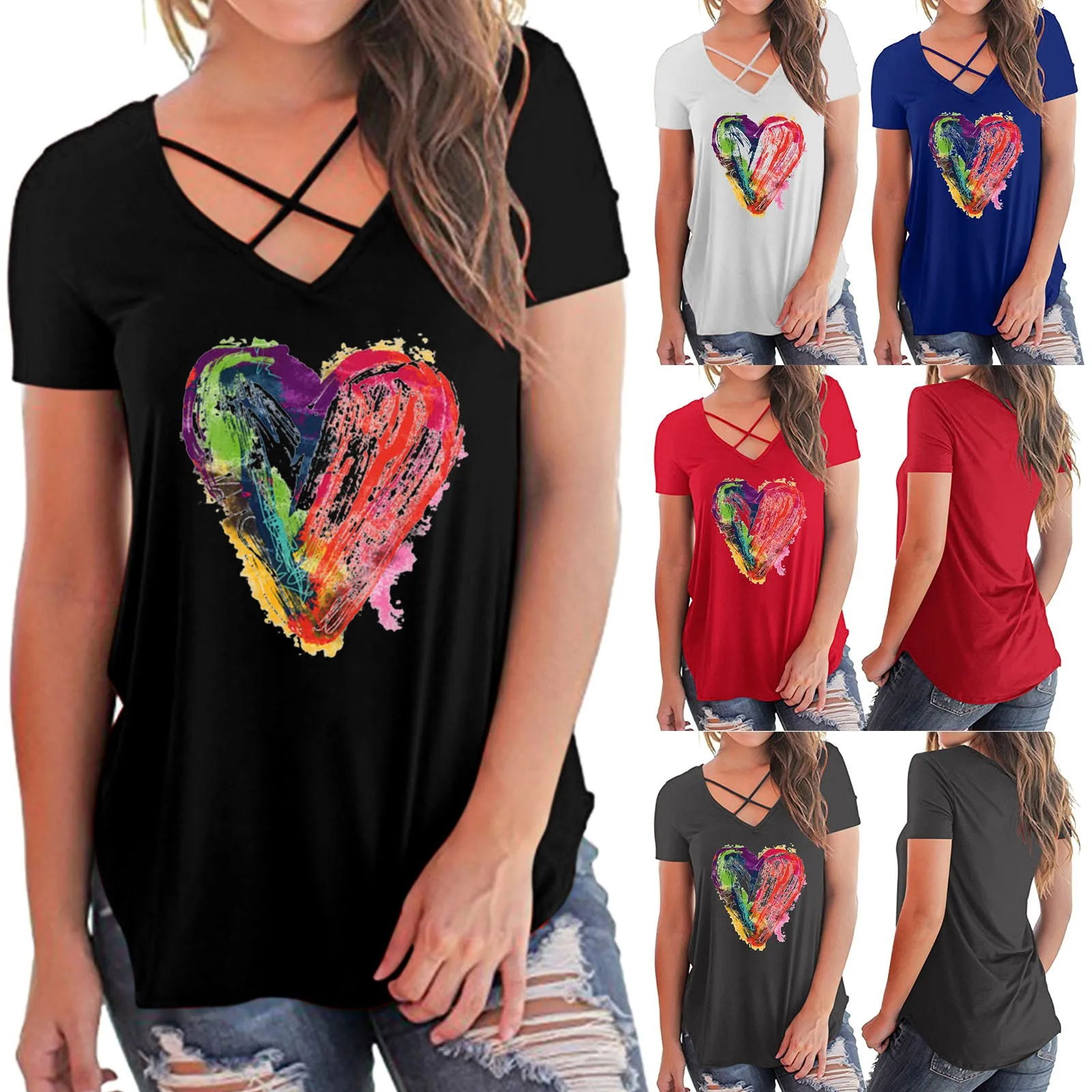 

Женские повседневные Летние футболки с перекрестным V-образным вырезом и коротким рукавом, туника с разноцветным принтом в виде сердец, топ...