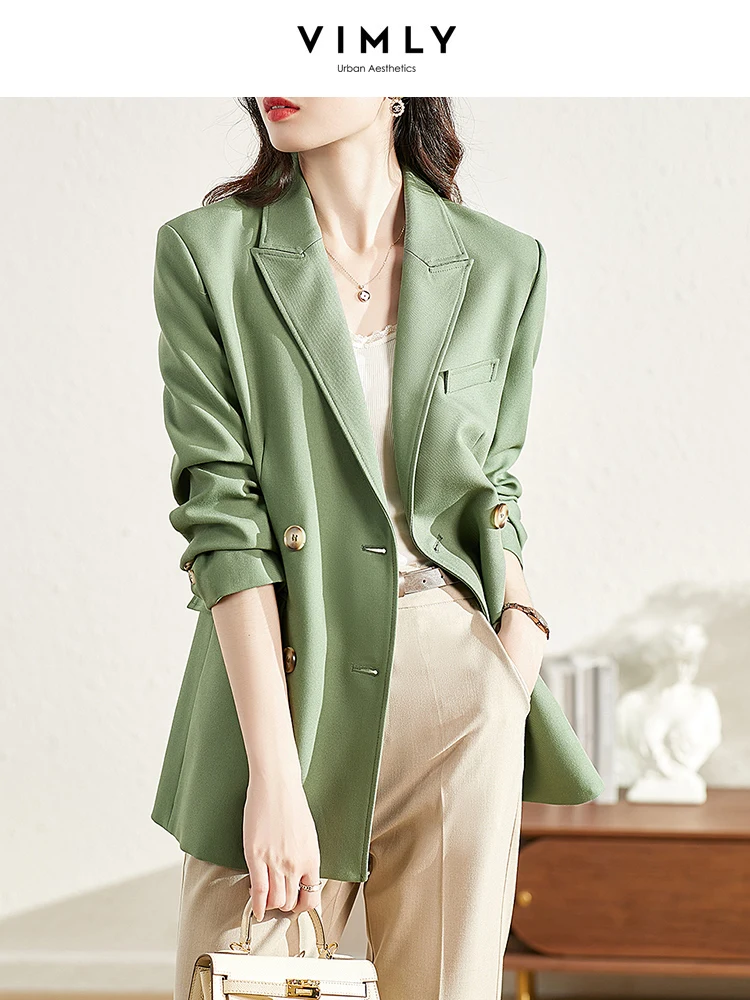 VIMLY Casual Blazer Jackets Suit for Women 2023 Spring Autumn Double Breasted Solid Coat Office Work Business Outwear F8633