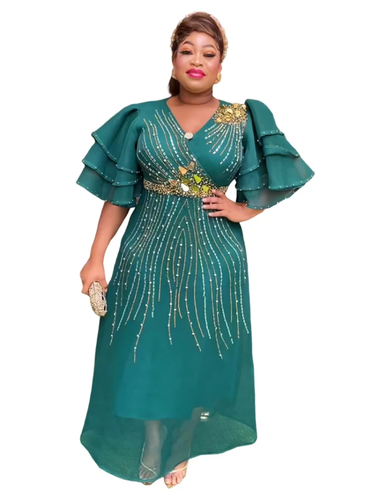 Summer African Dresses for Women 2023 Traditional Nigeria Luxury Hot Drill Beaded Caftan Dress Abaya Musulman Robe Femme Clothes