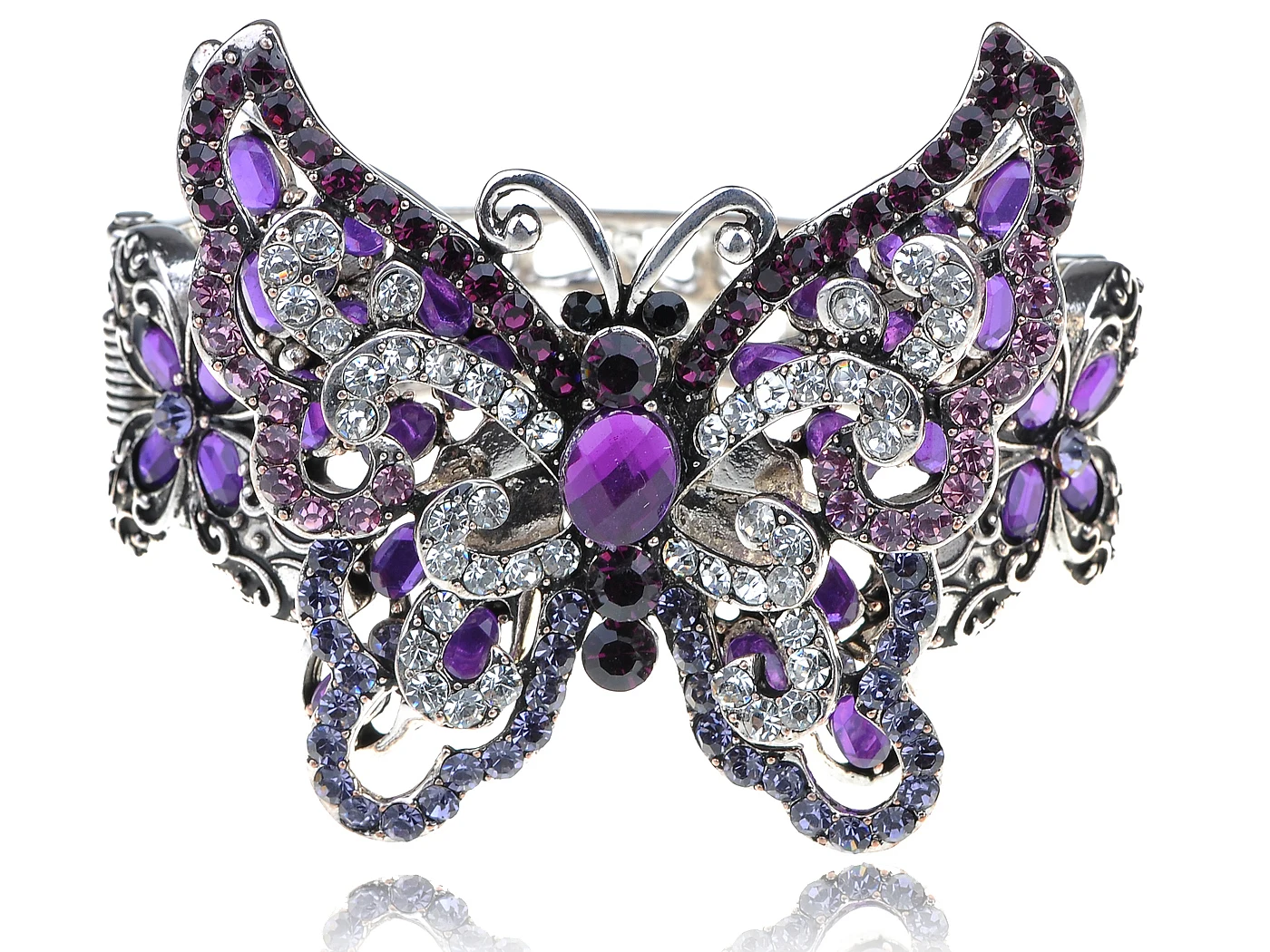 

Silvery Tone Shine Amethyst Clear Crystal Rhinestones Butterfly Insect Cuff Bangle Bracelet