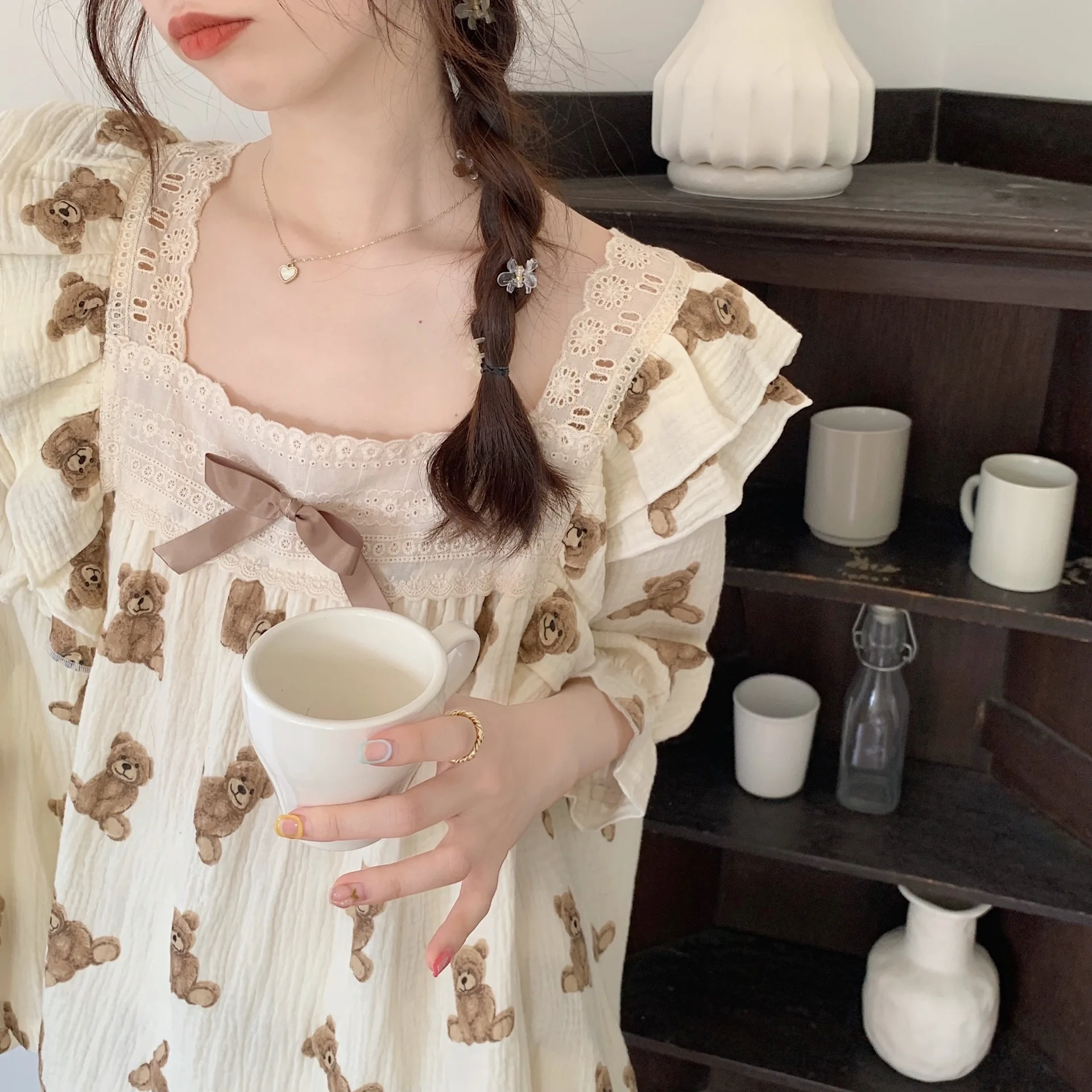 Women's Pajamas Cotton Printing Korean Style Trumpet Half Sleeves Bow Square Collar Top Loose Shorts Nightwear Women Loungewear