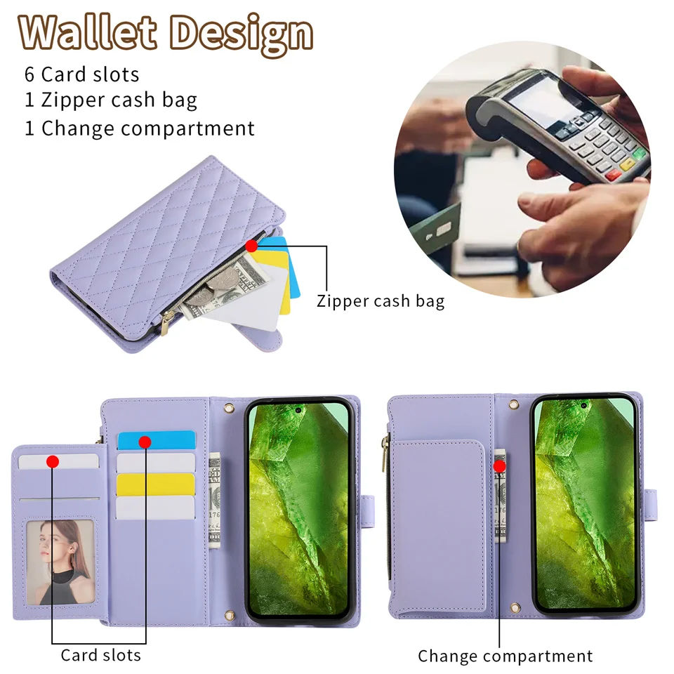 Кросс-боди молния карты Solt кошелек кожаный ремешок чехол для Google Pixel 7 8Pro 8 8A 6A 7A