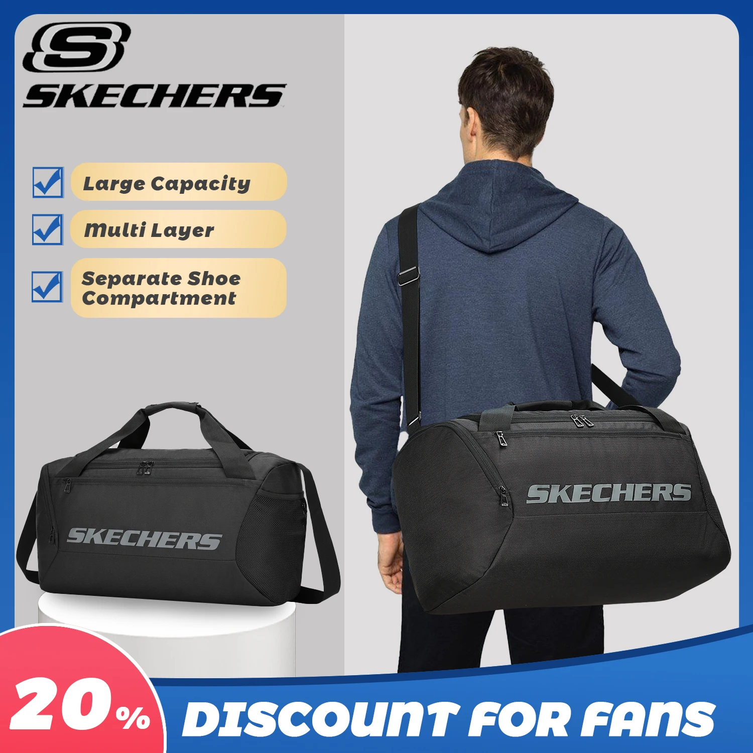 SKECHERS Travel Duffel Bag Camping Bag with Shoes Compartment Gym Sports Handbag Weekender Bag Luggage Package for Men & Women