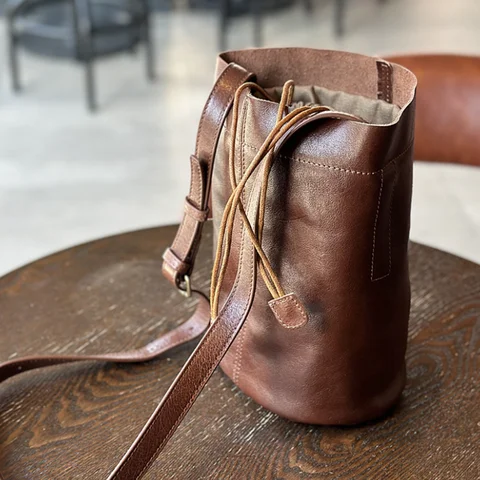 Женская сумка-ведро в стиле ретро, кожаная женская сумка-тоут с верхним слоем из воловьей кожи, сумка через плечо на одно плечо, новинка 2024