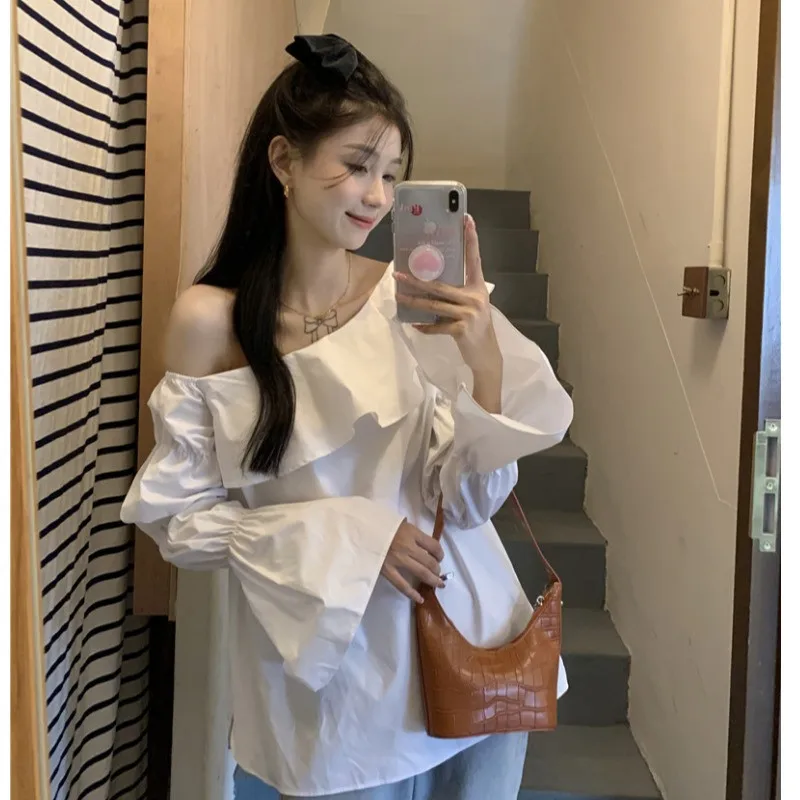 

Fashion New Design Spring Summer White Blue Shirt Sexy Slash Neck Long Flare Sleeve Ruffled Blouse Off Shoulder Casual Loose Top