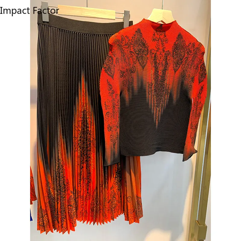 

Miyake Pleated Spring 2023 New Foreign Style Flower Corn Pleated Long Sleeve Top+Skirt Set Factory Direct Sales Spot