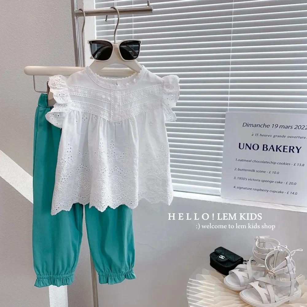 

Summer Girls Baby Cotton Shirt Pants Suit 2023 Korean Version Sleeveless Lace Top Pants 2pcs Children's Clothing Suit 2 4 6 8 9Y