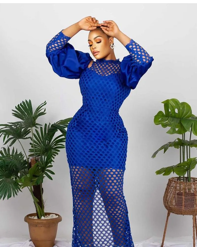 

African Dresses for Women African Women Summer Puff Sleeve Round Neck Polyester Long Dress African Robes African Clothes