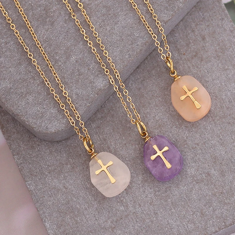 

Natural Stone Cross Necklace For Women Simple Elegant Natural Stone Clavicle Sweater Chain Stainless Steel Necklace Accessories