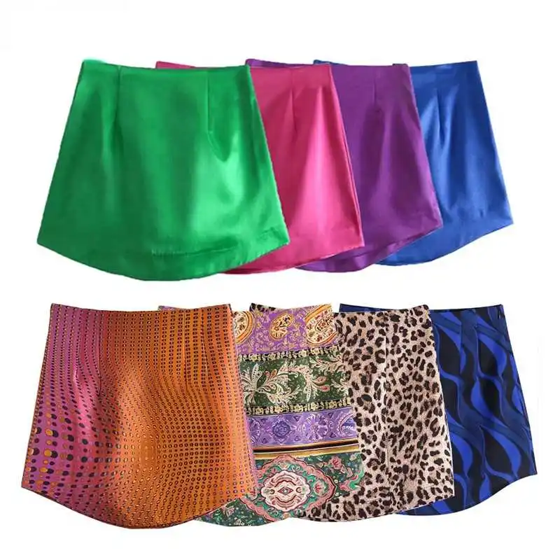 

Za Satin Short Skirts Woman Vintage Sexy Mini Skirt Women 2021 Green Red New Year Elegant Skirts High Waist A Line Skirt