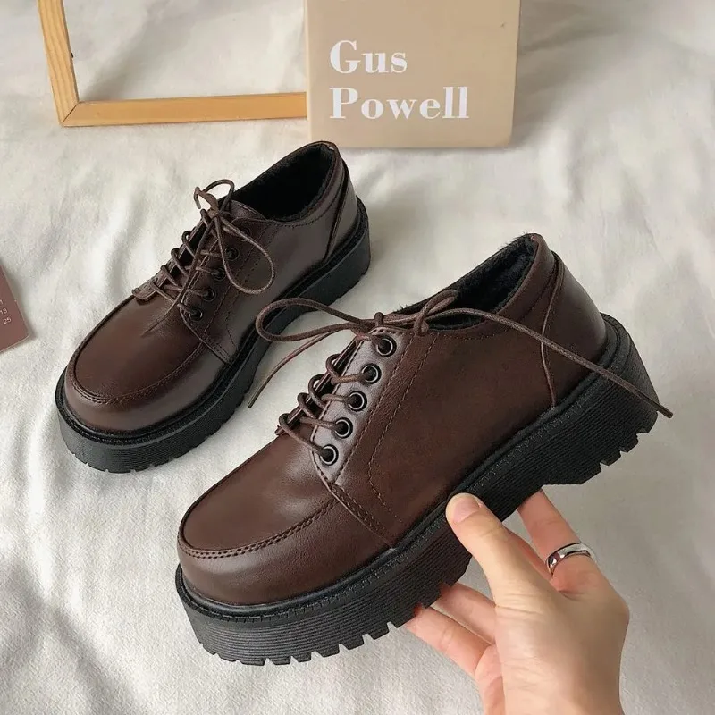 

brown vintage platform shoes oxford Shoes Women Comfortable Lace Up Platform Oxford Loafers Casual College Student Shoes 2023