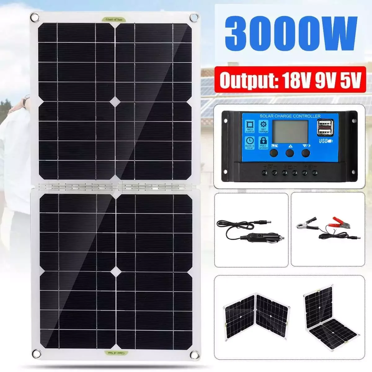 

NEW 3000W 18V 9V 5V Foldable Solar Panel Solar Cell 20A Controller for Phone Caravan RV Car MP3 PAD Charger Outdoor Battery Supp