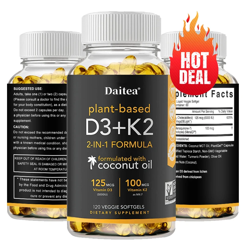 

vitamin D3+K2 Capsule Regulate Calcium Metabolism Prevent Fractures Promote Bone Health Heart& Immunity System Support