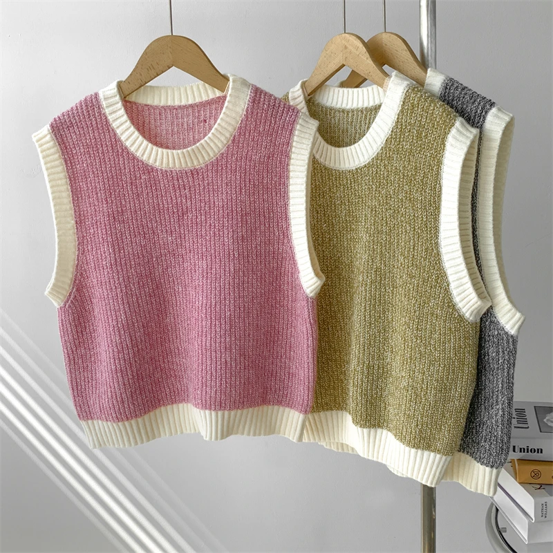 

Contrast Color Matching Color Round Neck Sweater Vest Female Casual All-match Temperament Sleeveless Vest Knitwear Female