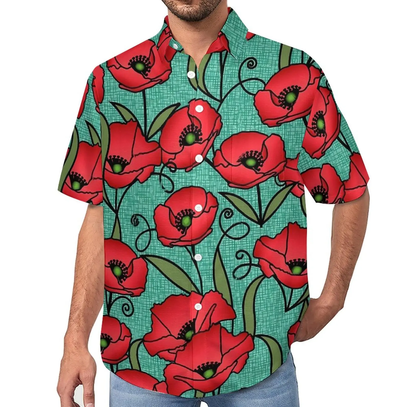 

Aqua Poppy Floral Blouses Men Red Flower Print Casual Shirts Hawaiian Short Sleeve Graphic Harajuku Oversize Beach Shirt Present