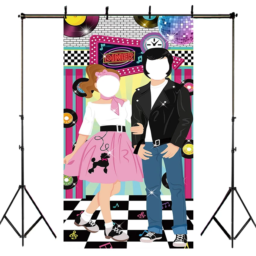 50s Diner Party Backdrop Rock and Roll Hole In Face Photo Door Banner Background Photobooth Back To 50's Rocking for Baby Shower