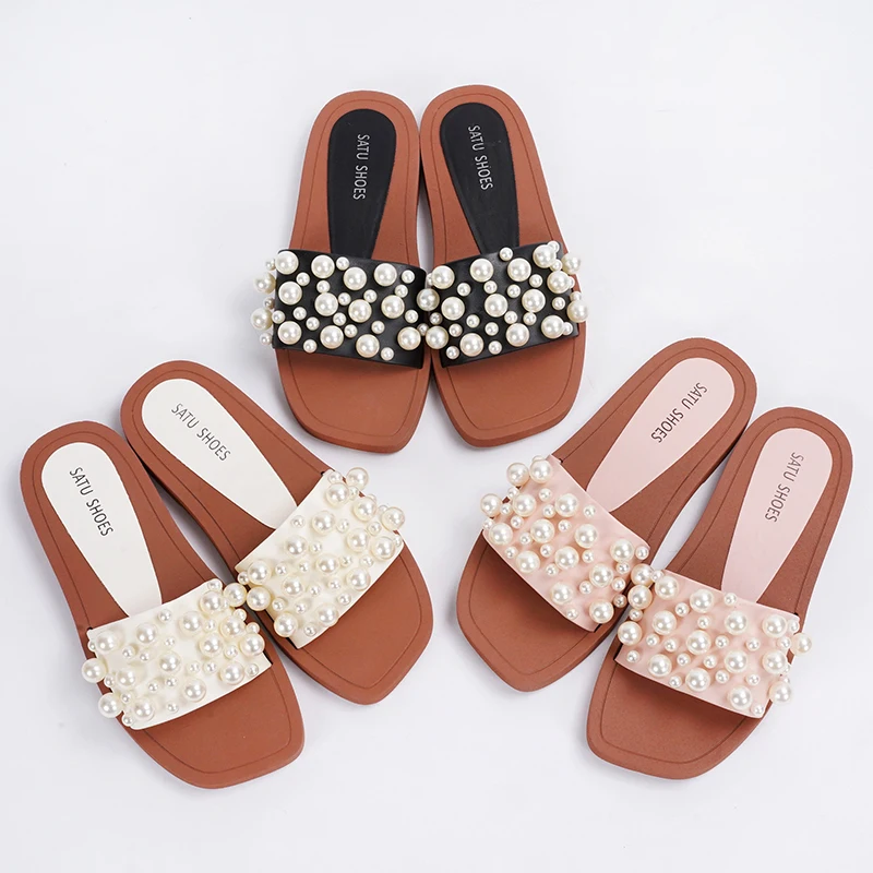 

Square Toe Slippers Women Pearl Non-slip Beach Sandals 2022 New Open-toed House Slippers Fashion Sweet Outer Wear Slides Women
