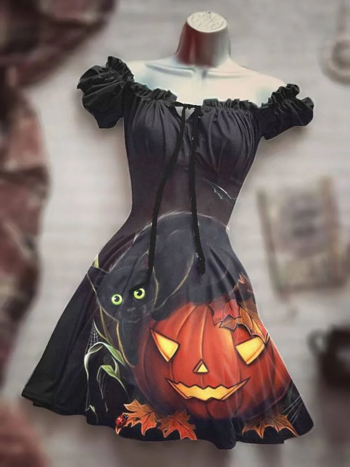 2023 Hot Sale Horror Skull Forest Halloween Pumpkin Black Costume Sun Moon Dress Hawaiian Bohemian Dress Beauty Black  3D