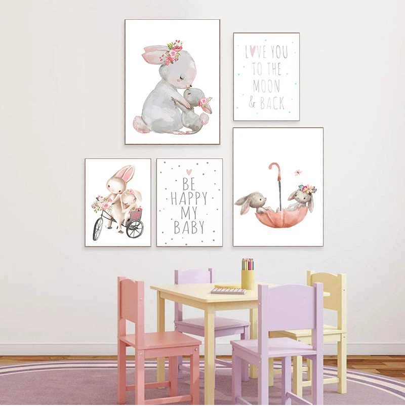 

Pink Flower Rabbit Art Poster Quotes Nursery Print Cute Bunny Wall Art Painting Nordic Baby Canvas Picture Kids Room Wall Decor