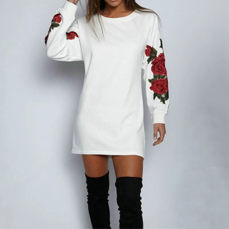 

Autumn Long Sleeve Floral Embroidery Long Women Pullovers Hoodies Black And White Sweatshirt Hoodies