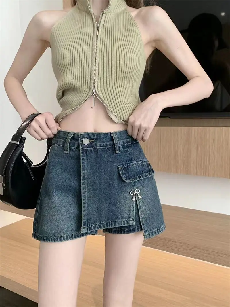 

Irregular Denim Shorts Women's Summer Korean Spicy Girl High Waist Retro Blue Shorts Wide Leg Pants Pantalones Cortos De Mujer
