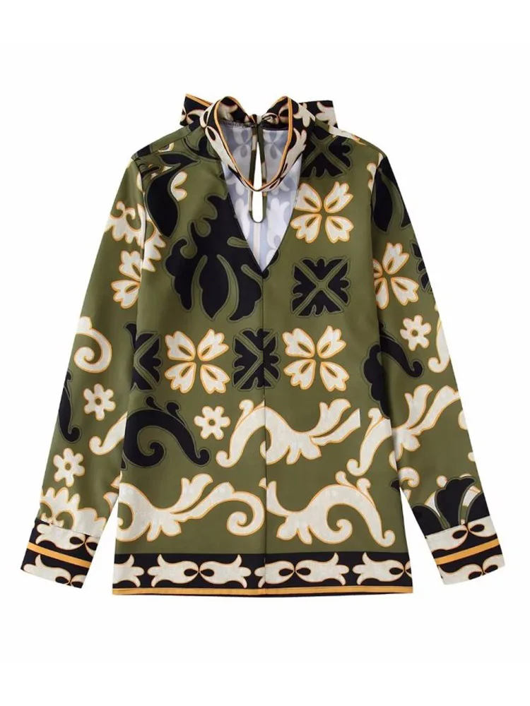 

2022 Summer Women Print Blouses Shirts Tops Vintage V-Neck Long Sleeve Bow Tie Female Elegant Street Top Clothing