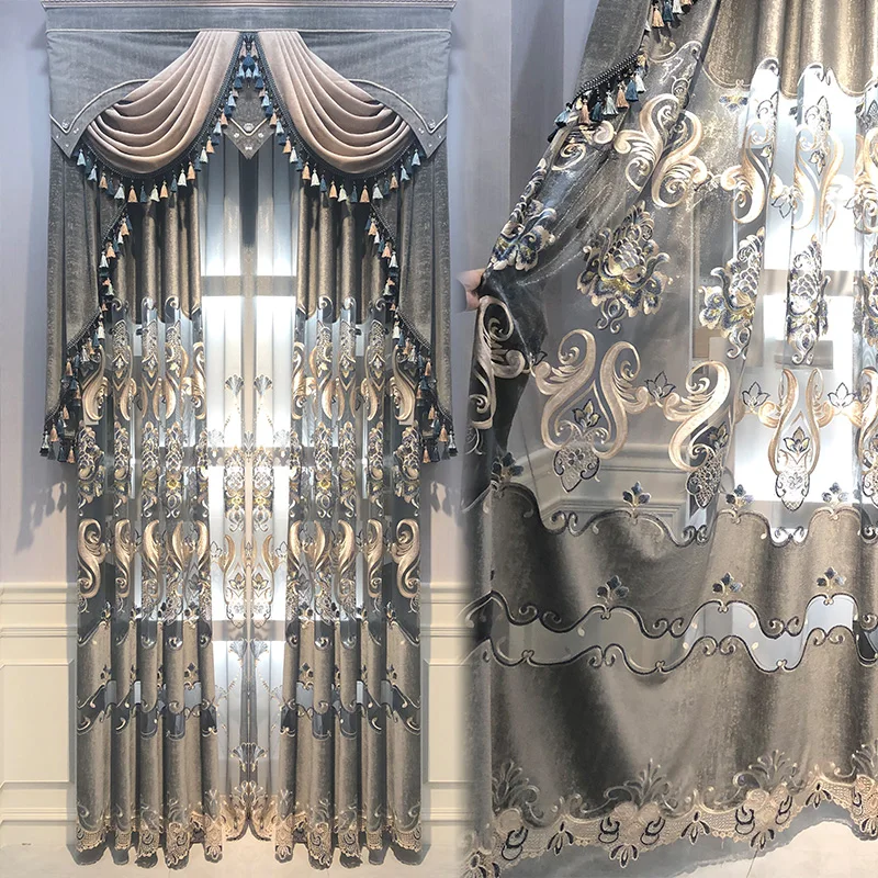 

New European-style Luxury Curtains for Living Room Velvet Fabric Hollow Embroidery Floor-to-ceiling Windows High-grade Curtain