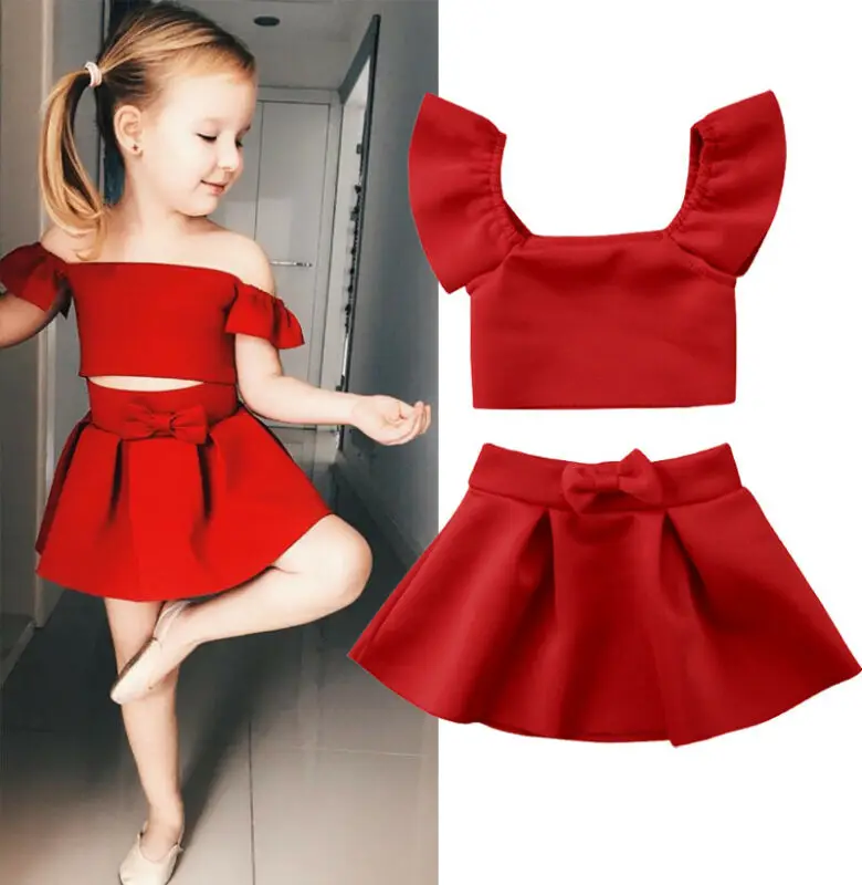 Newborn Baby's Girls Red Clothes Sets Toddler Kids Off Shoulder Tops Bow Skirt 2pcs Summer Outfits Clothing For 0-4 Years