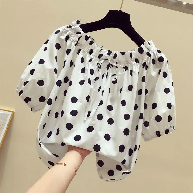 

Women 2022 Summer New Fashion Short Sleeves Chiffon Shirts Female Slash Neck Loose Shirts Ladies Polka Dot Tops Blouses U17