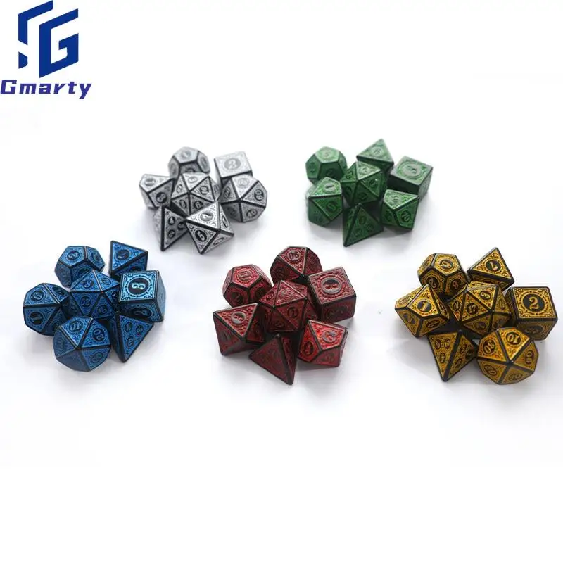

5 Colors Retro 7-Die Carved Pattern Dice Set D4 D6 D8 D10 D% D12 D20 For Game Polyhedral Dice 7pcs/set