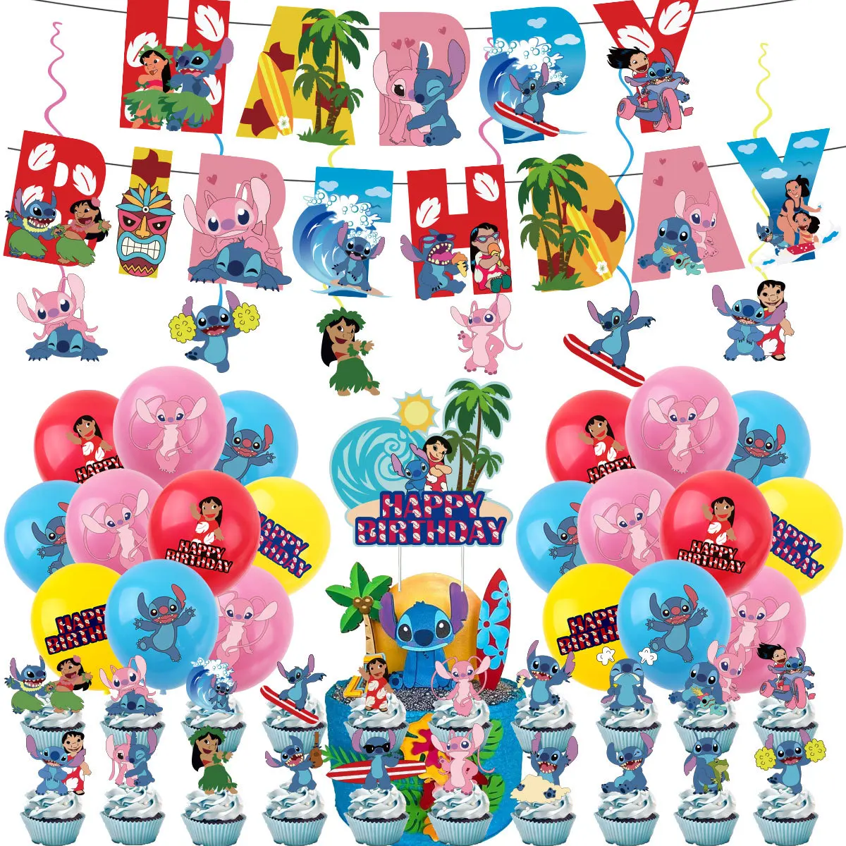 

Disney Stitch Theme Children Birthday Party Supplies Banner Balloon Cake Topper Hanging Swirl for Kids Baby Shower Decorations