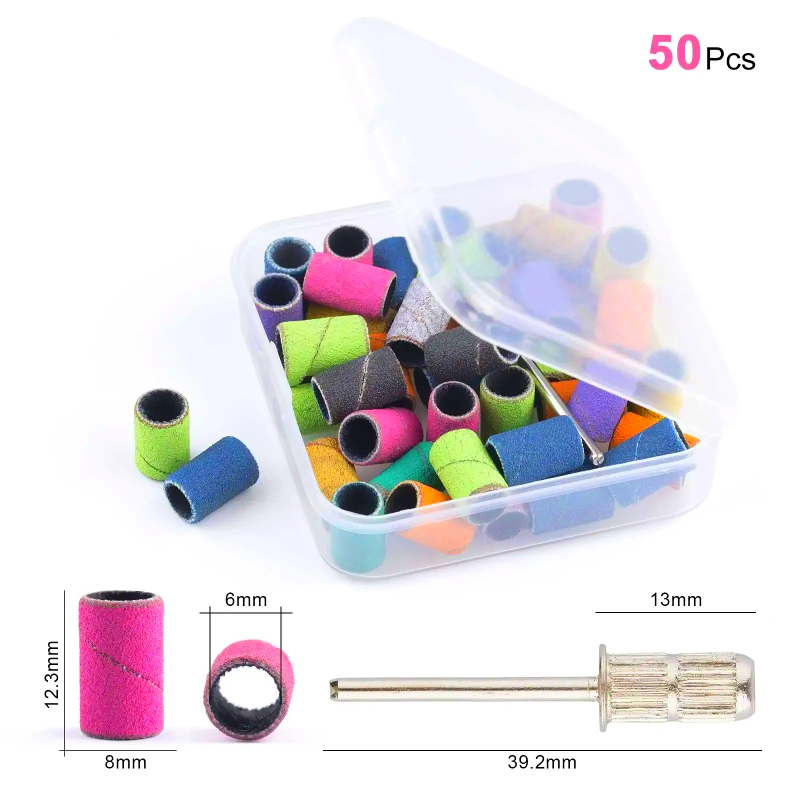 

Colorful Nail Sanding Bands 50pcs/Set with Mandrel Bit Mixing Grit Nail Sanding Caps for Manicure Pedicure Home Salon Use