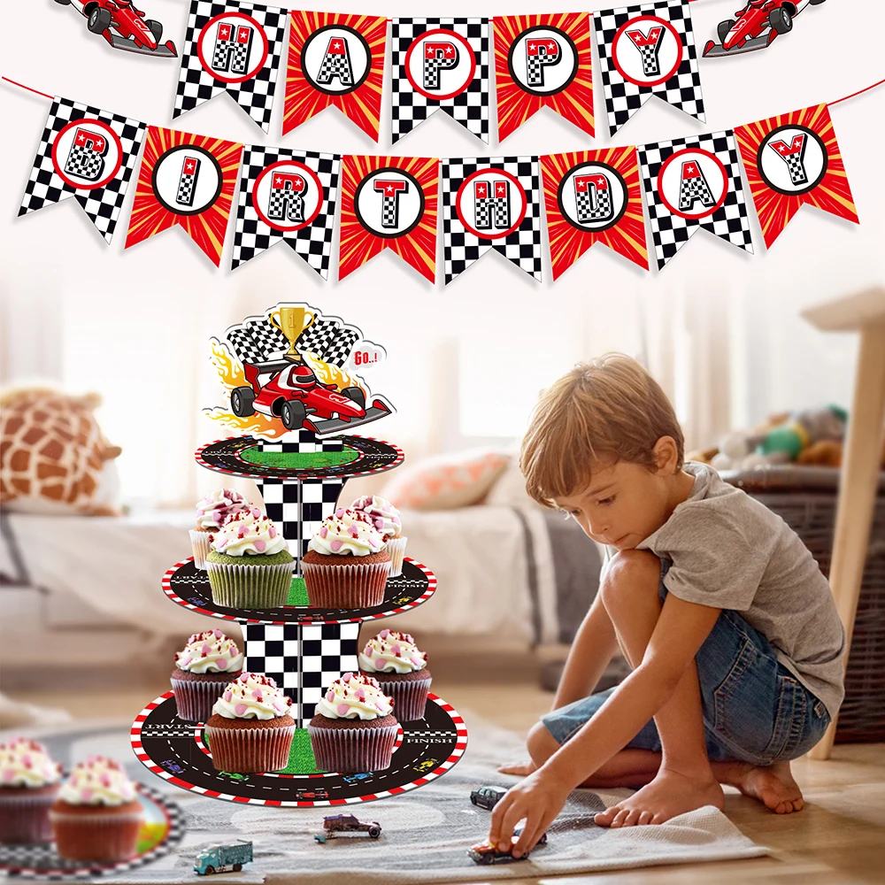 

3-tier Cartoon Racing Car Race Game Birthday Party Paper Cake Display Stand Cupcake Decorating Backdrops Baby Shower Party Favor