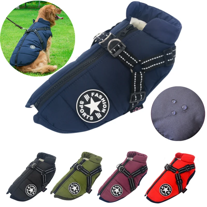 

Large Pet Dog Jacket With Harness Winter Warm Dog Clothes For Labrador Waterproof Big Dog Coat Chihuahua French Bulldog Outfits