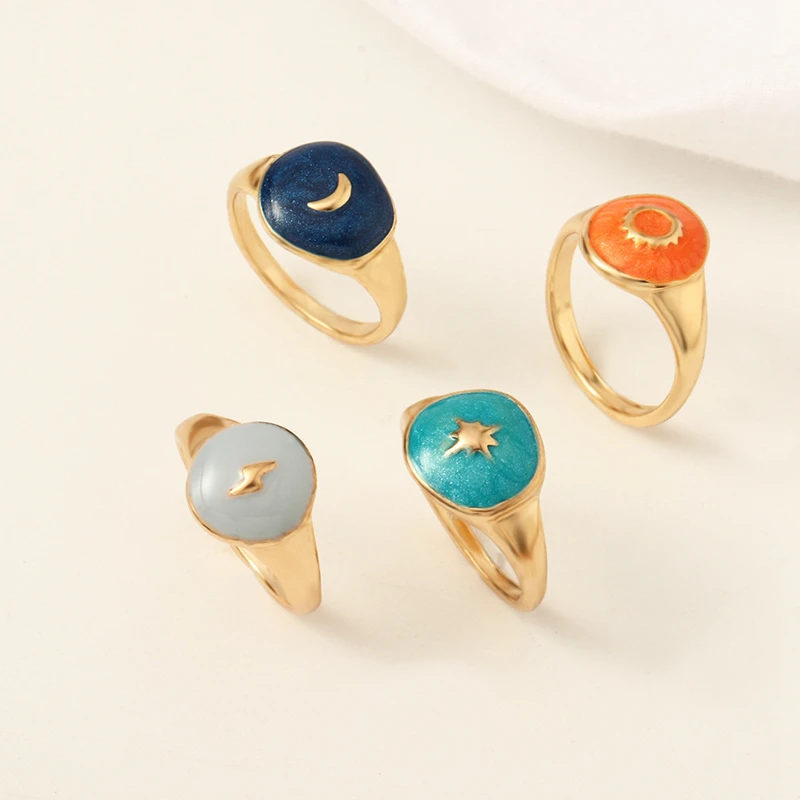 

Retro Punk Macaron Color Enamel Sun Moon Rings for Women Fashion Harajuku Anillos Men Star Lightning Ring Girl Fine Jewelry Gift