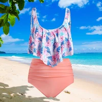 pink floral oversize tankini high waist tummy control swimwear 2 pieces sweet beach bathing suit set