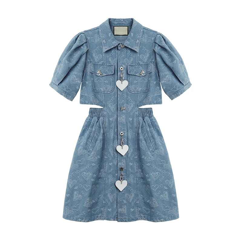 

2020 Summer Short Sleeve Denim Ladies Dress Splicing Retro Heart Decorative Print Babydoll Puff Sleeve Tunic Lapel Mini Dress